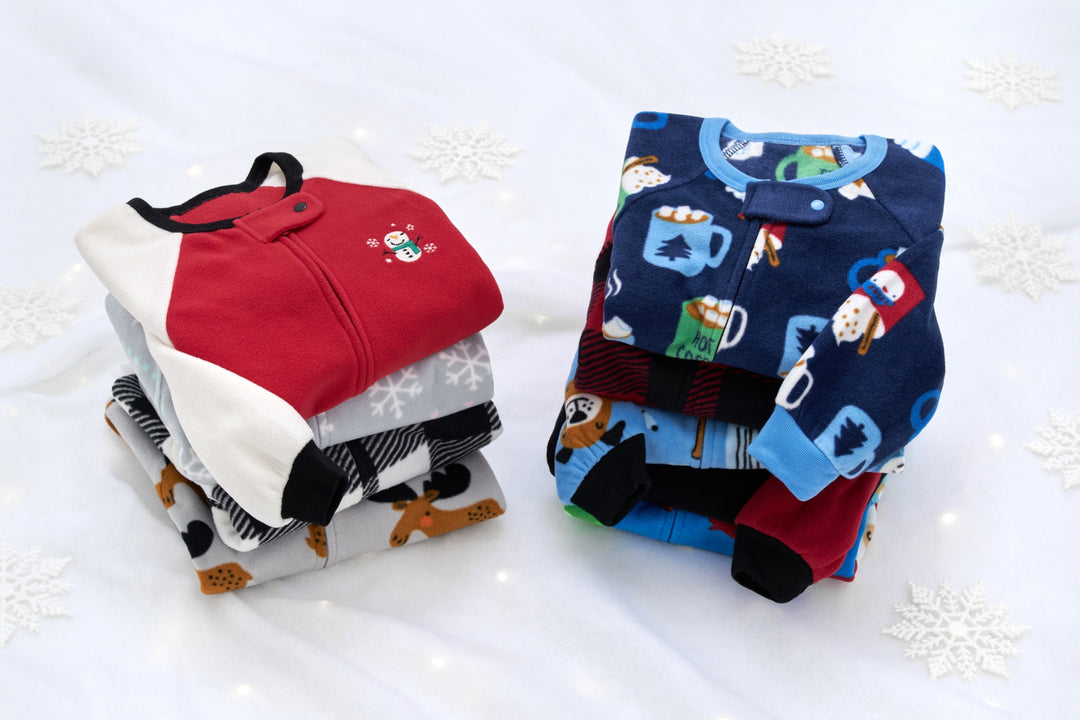 Three baby pajamas with Christmas-themed patterns, perfect for holiday sleepwear.