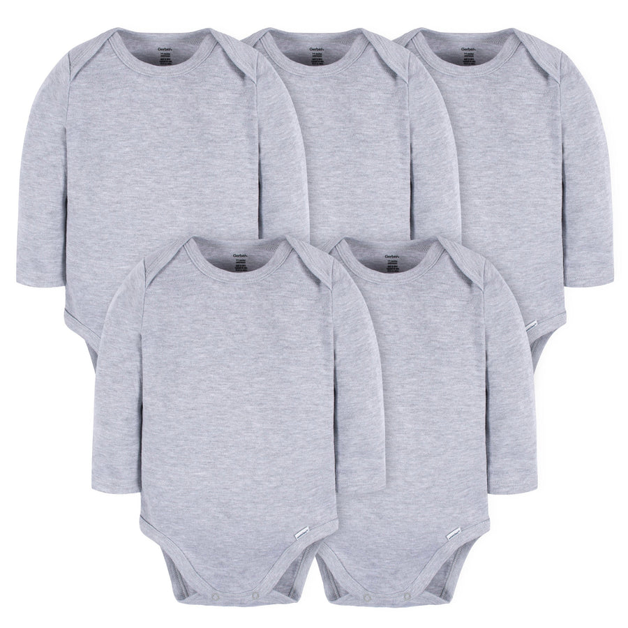 5-Pack Baby Grey Heather Premium Long Sleeve Lap Shoulder Onesies® Bodysuits